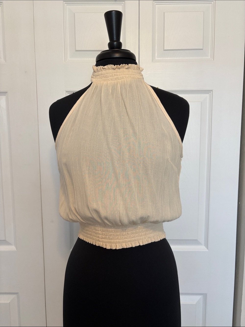NWT Angie Elegant Cream Halter Smocked Waist Tank Top. Size Small.